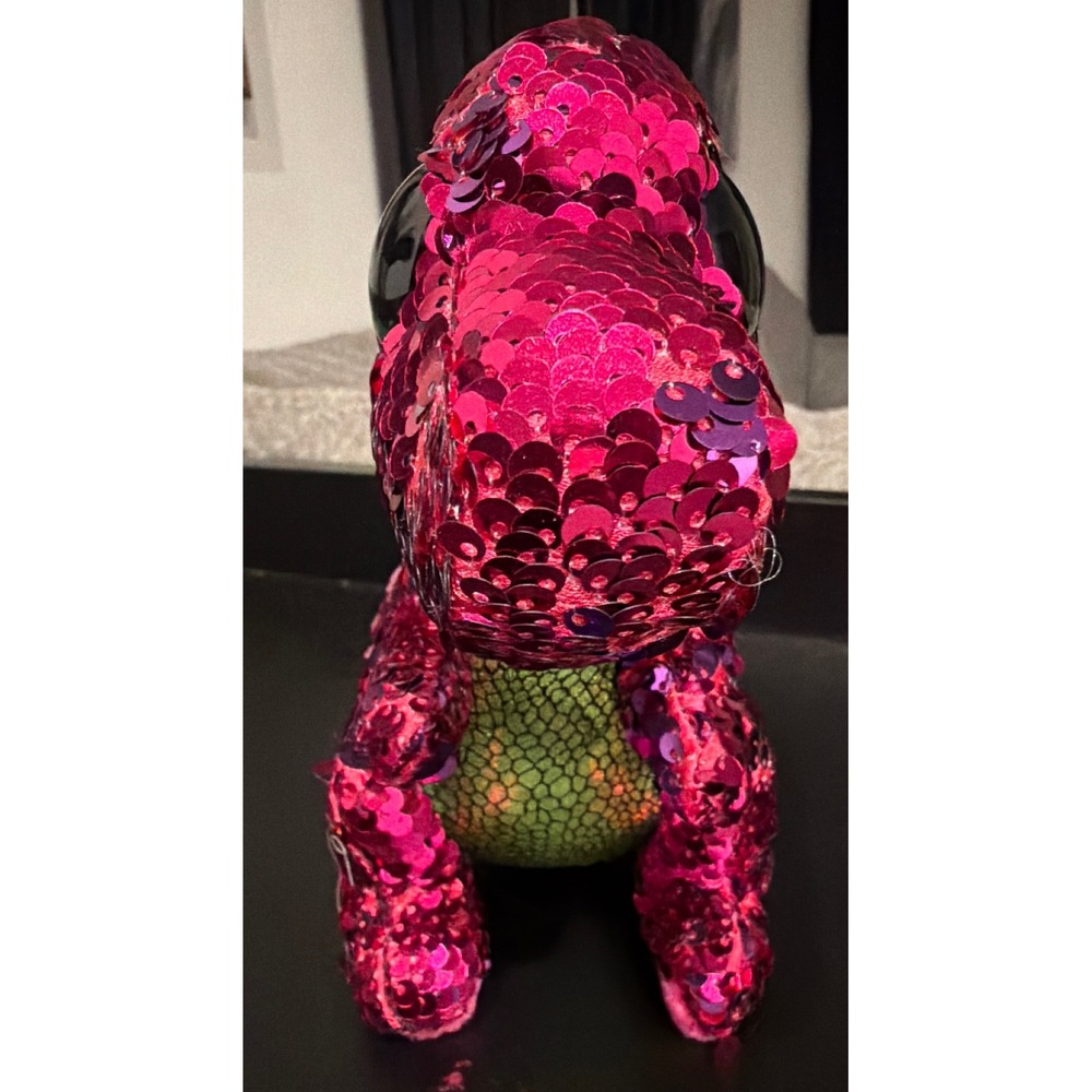 Ty Flippables Stompy Dinosaur Pink Purple Reversible Sequin Plush Beanie Boo